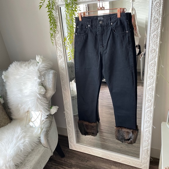 Zara Black Faux Fur Cuff Jeans NWOT - Picture 2 of 11